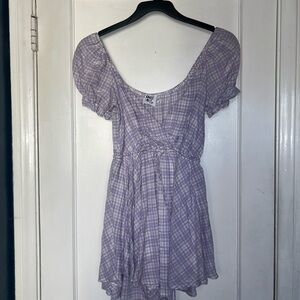 Purple Plaid Puff Sleeve Romper